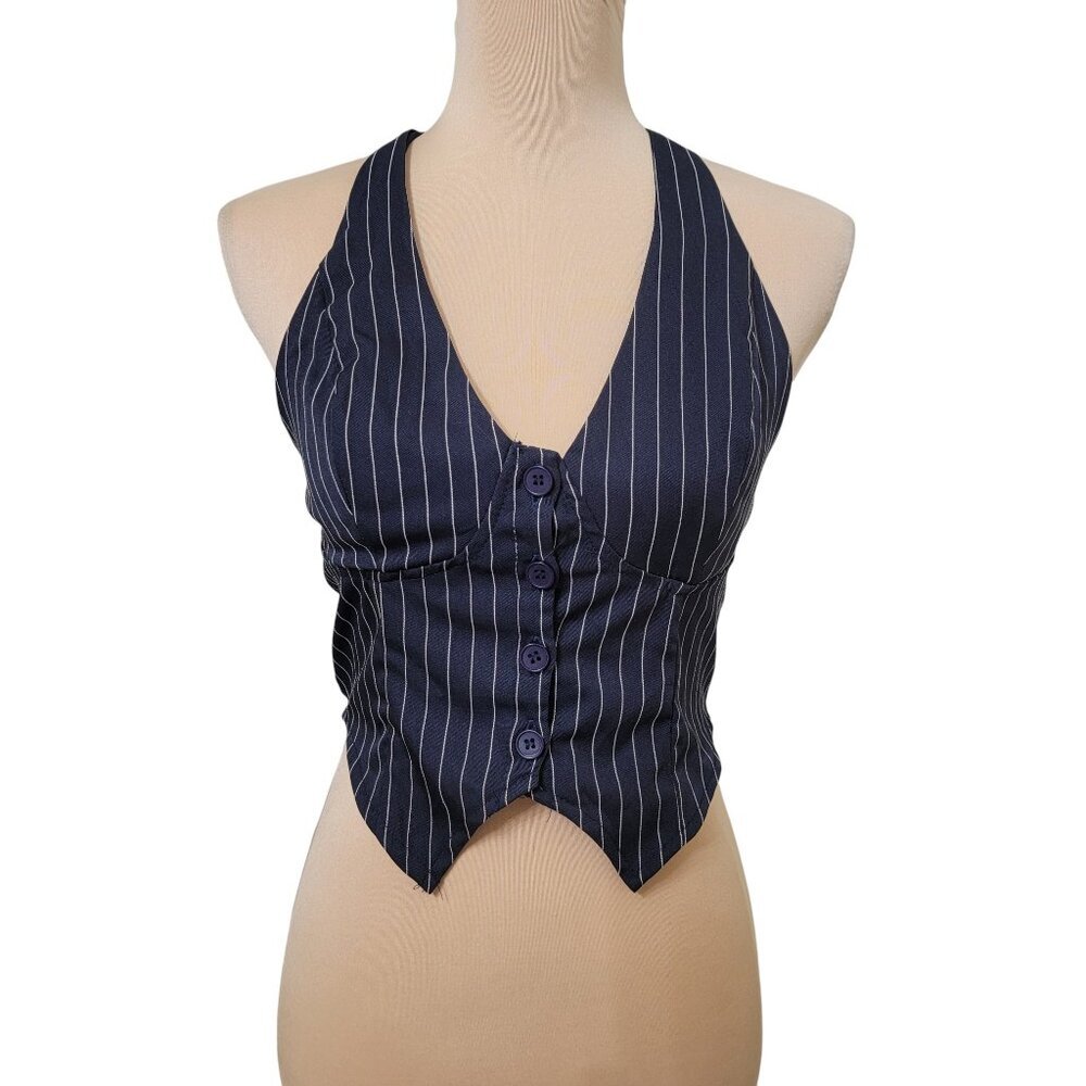 SHEIN Size S (4) Navy Blue & White Striped Button Front Halter Top, NWOT